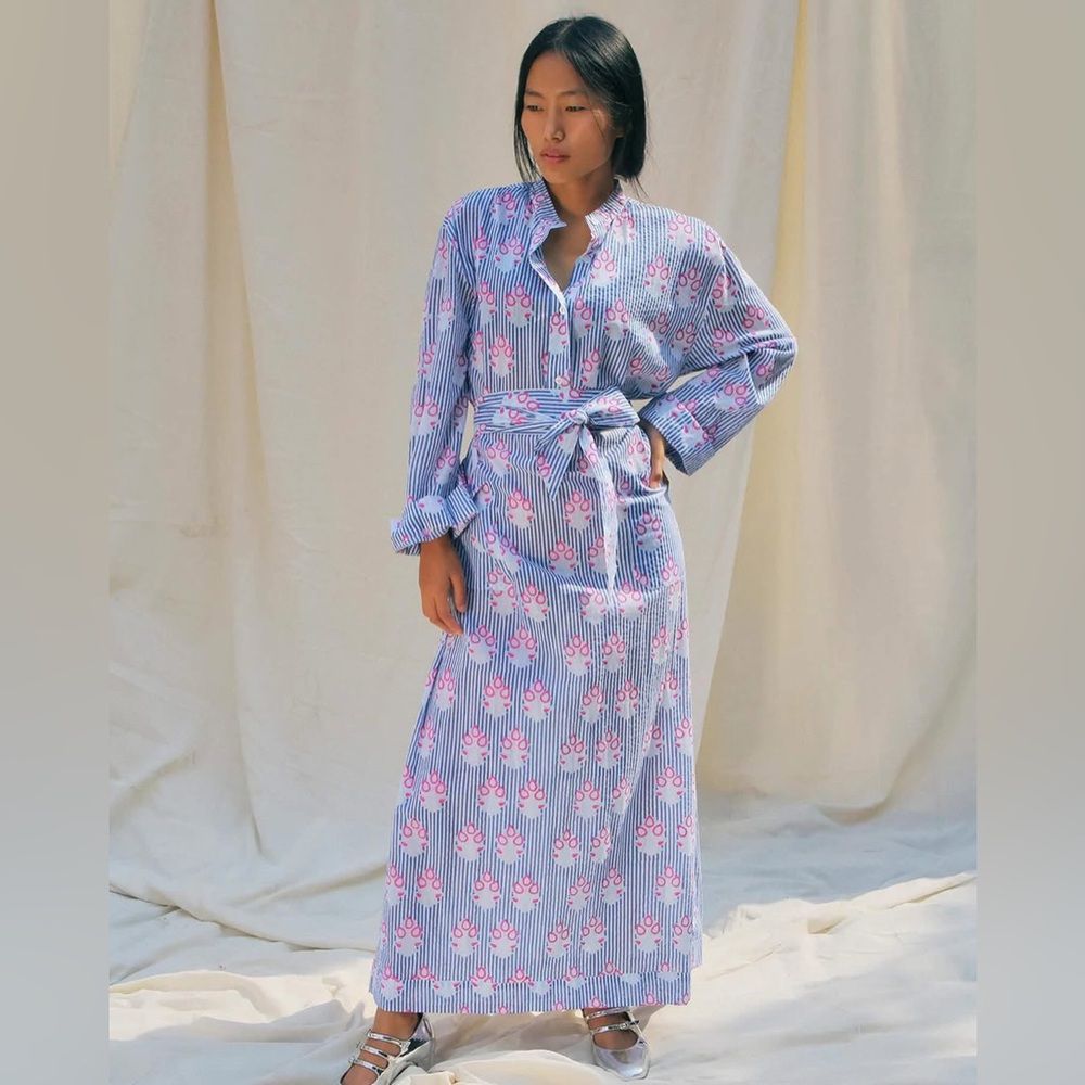 SZ Blockprints X Double ADM Lucca Maxi Dress Greece Blue Belted Size Small NEW